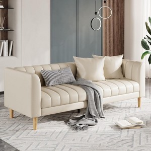 Faux Leather Sofa Couch, Modern 78" W Sofa with Deep Seats, 3 Seater Sofa Couch with 2 Throw Pillows and Wood Legs, Easy Assembly - 1 of 4