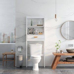AndMakers 23.62 in. W. x 7.87 in. D x 64.96 in. H White Wood Linen Cabinet with 2 Open Shelves - 1 of 4