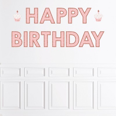 Big Dot of Happiness Pink Rose Gold Birthday - Peel and Stick Happy Birthday Party Large Banner Wall Decals - Happy Birthday