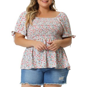 Agnes Orinda Women's Plus Size Floral Square Neck Smocked Bow Tie Short Sleeve Peplum Blouses - 1 of 4