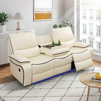 MAYEERTY Power Reclining Sofa, Electric 3-Seat Leather Recliner with USB Charging, Reversible Table & LED Lighting for Living Room, Off-White