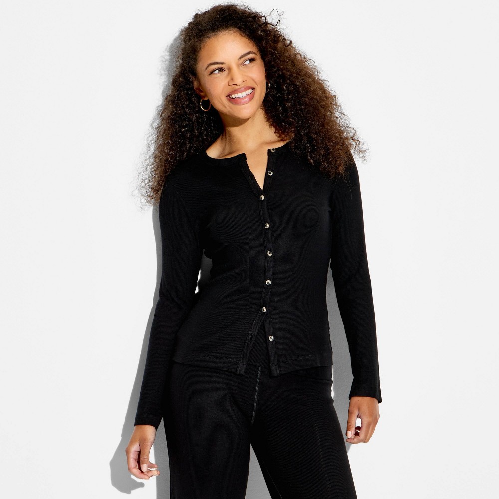 Women's Cozy Leisure Long Sleeve Button-Down Top - Wild Fable™ Black XL