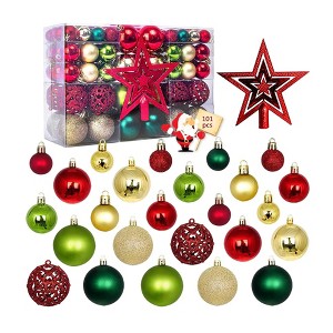 Aoibox 101pcs Christmas Tree Ornaments Set Red Gold Green Shatterproof Plastic Baubles and Topper Holiday Decoration for Xmas - 1 of 4