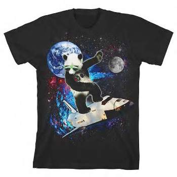 Panda Surfing through Space Boy's Black T-shirt