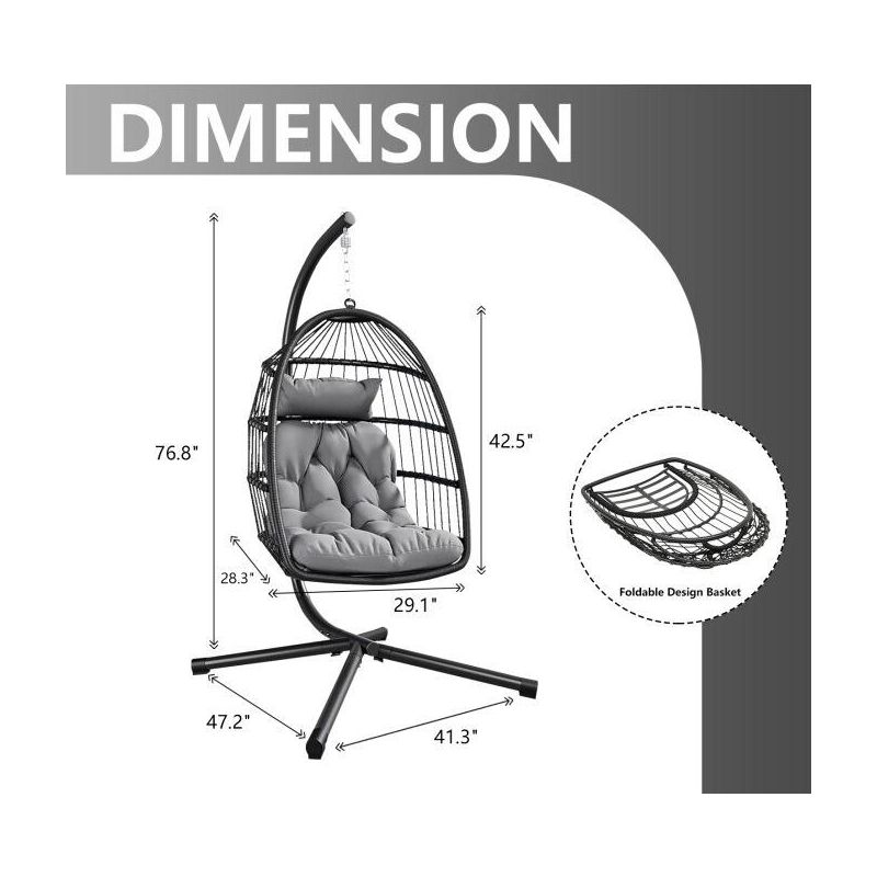 SUGIFT Patio Hanging Egg Chair with Stand and Folding Basket Indoor Outdoor Use, Black, 2 of 8