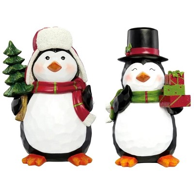 Set of 2 Holiday Penguins Hand Painted Holiday Decor
