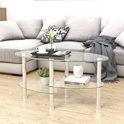 Glass Coffee Table, Side Tables Living Room With Oak Table Legs, 3-Tier Layered Glass Structure, Smooth Edges Modern Oval Side Center Tables