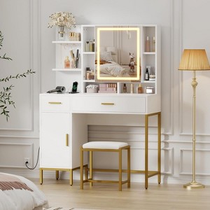 Makeup Vanity Desk with Mirror and Lights, with 2 Drawers, 9 Open Shelves& 2 Cabinets for Bedroom, Living room - 1 of 4