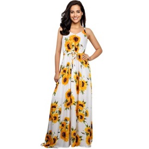 Womens Sleeveless Spaghetti Strap Beach Boho Tropical  Summer Drawstring Waistband Print Long Beach Dress - 1 of 4