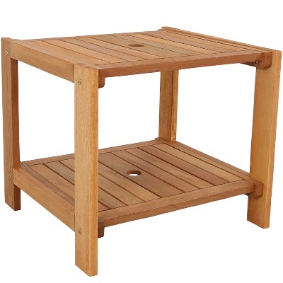 Sunnydaze Outdoor Meranti Wood with Teak Oil Finish Wooden Patio Accent Side Table with Lower Shelf - 20" - Brown