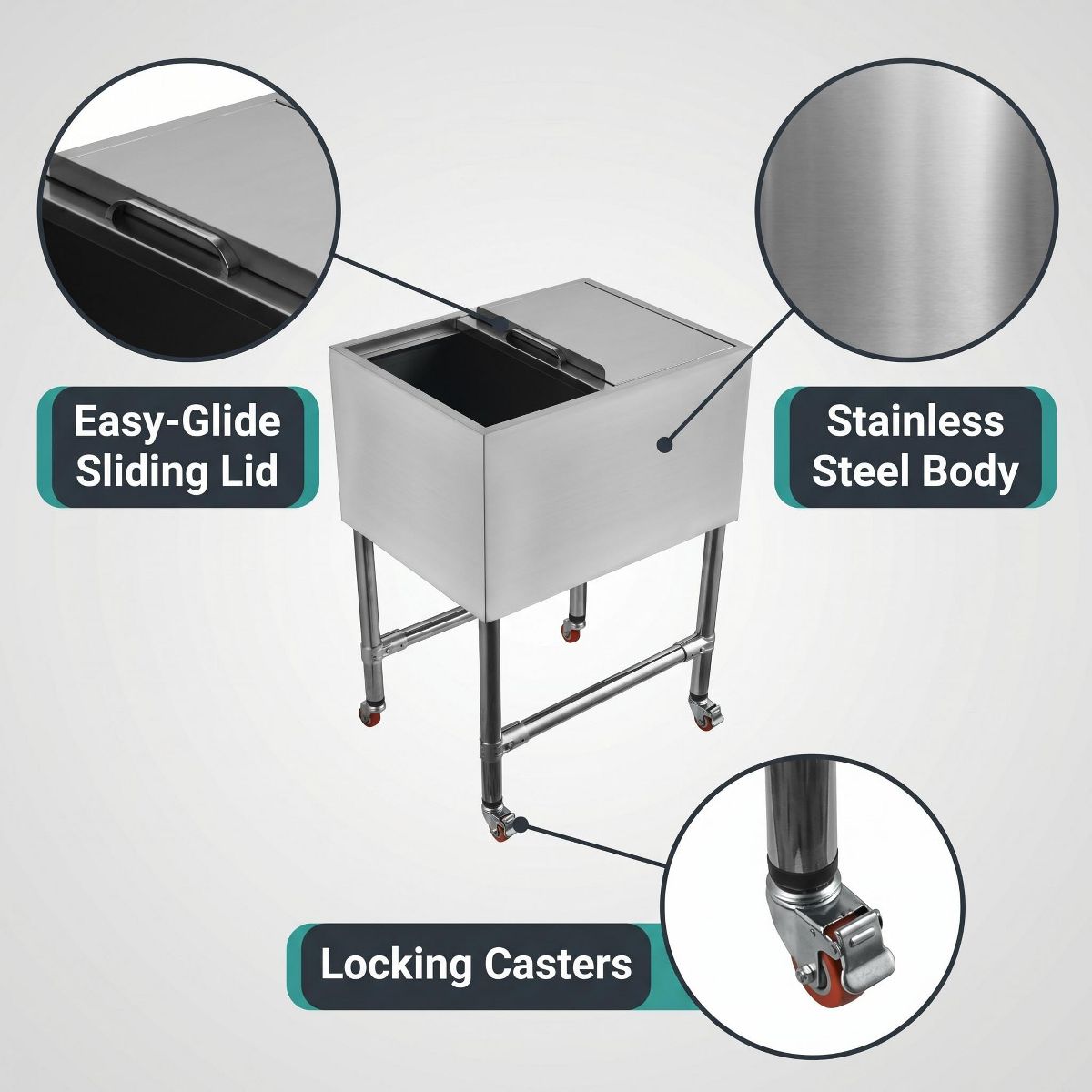 Commercial Ice Bin with Sliding Lid, Stainless Steel Underbar Ice Chest, Insulated Ice Well with Drain System for Restaurant Pub Cocktail Station - thumbnail 4