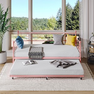 COZONY Twin Metal Daybed with Trundle – Heart-Shaped Headboard, Steel Slat Sofa Bed Frame, Space-Saving Guest Bed for Bedroom Easy Assembly - 1 of 4