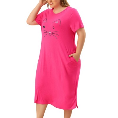 Agnes Orinda Women's Plus Size Soft Knit Cute Cat Print Short Sleeve Split Hem Pockets Midi Sleep Shirts Nightgowns