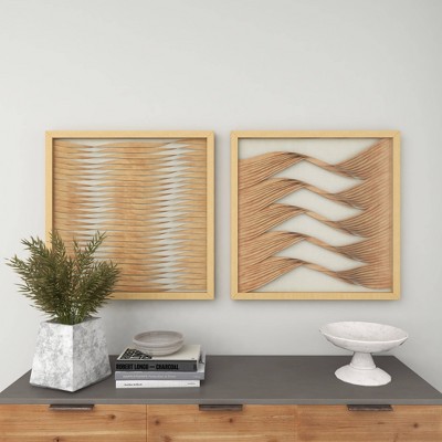 Large Brown Wood and Rattan Shadow Box Wall Art Set