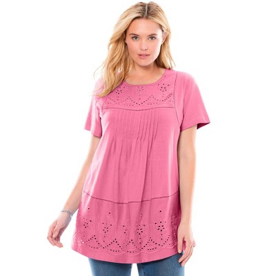 Woman Within Plus Size Embroidered Eyelet Pintucked Tunic
