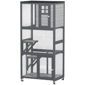 Skyzone 74" Weatherproof Wooden Outdoor Cat Enclosure with Perches, Wheels & Lockable Doors, Orange - 1 of 4