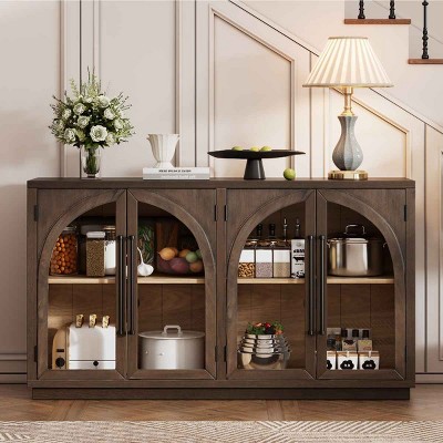 Arched Sideboard Buffet Cabinet with Glass Doors, Cabinet with Adjustable Shelves, Cabinet with Wood Frame and Oak Veneer-Coolbibila