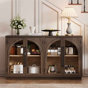 Arched Sideboard Buffet Cabinet with Glass Doors, Cabinet with Adjustable Shelves, Cabinet with Wood Frame and Oak Veneer-Coolbibila - 1 of 4