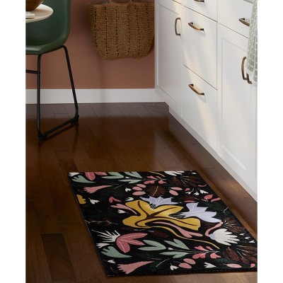 Black Floral Synthetic Washable Non-Slip Rectangular Rug 24" x 40"