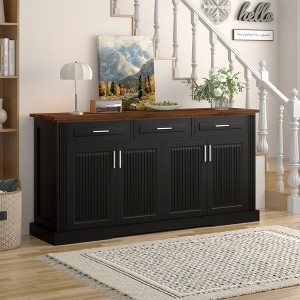 Rbied Farmhouse Wood 63 in. W Kitchen Island with Fluted Doors and 3 Drawers, Sideboard Coffee Bar Station with Adjustable Shelves - 1 of 4