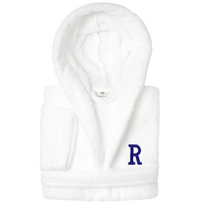 Personalized Linum Kids 100% Polyester SUPER PLUSH Double Brushed Hooded Bathrobe in Navy Bookman Font - 1 of 3