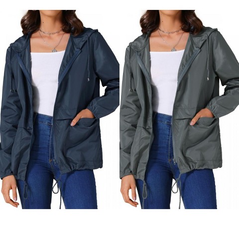INSPIRE CHIC Women's Adjustable Drawstring Waterproof Windbreaker Hooded Raincoats with Pockets 2 Packs Navy Blue/Dark Grey Large