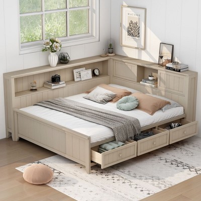 NicBex Wood Full Size Daybed with Storage Shelves and 3 Drawers for Bedroom,Living Room,Apartment,Beige