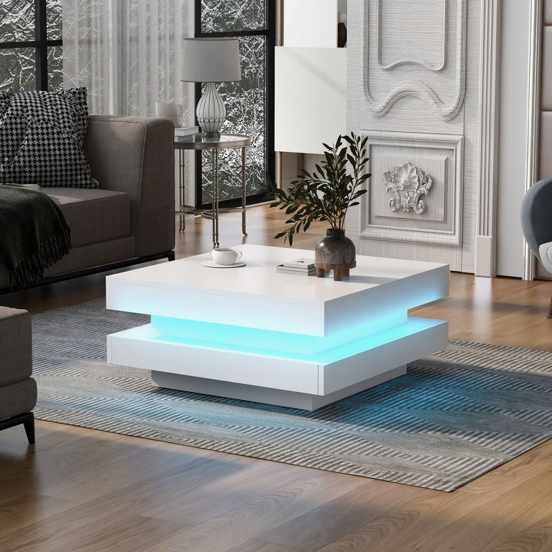 2-Tier Square Coffee Table with LED Lights, High Gloss Minimalist Design Center Table 4A - ModernLuxe, 1 of 11