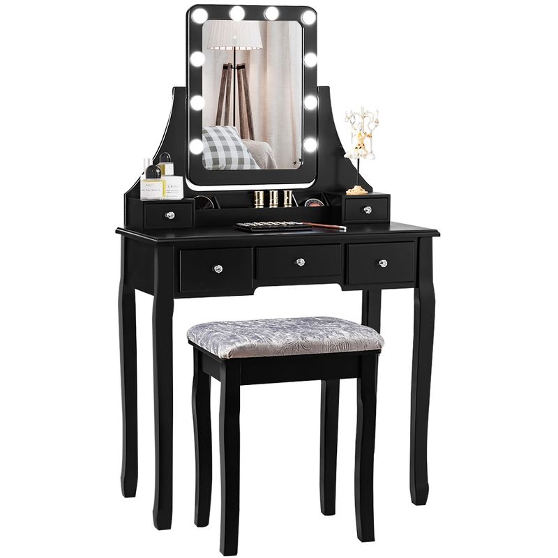 Costway Vanity Dressing Table Set w/ 10 Dimmable Bulbs Touch Switch Cushion Stool White\Black\Brown, 5 of 11