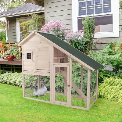 2 Tier Wooden Rabbit Hutch with Ramp Removable Tray and Waterproof Roof,55'' Outdoor Bunny Cage with Run,Natural - LAOTIES