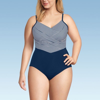 Lands' End Women's Slender Suit V-neck Pleated X-back One Piece Swimsuit Adjustable Straps
