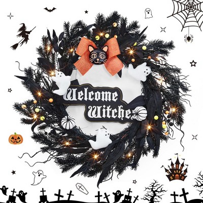 Pre-Lit Halloween Wreath with Welcome Witch Sign, 22 Inch Lighted Halloween Door Wreath