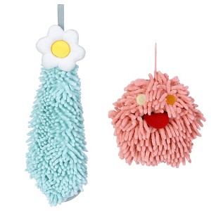 REGALWOVEN 2 Packs Soft Absorbent Flower Pattern Chenille Hand Towel with Loop 6" x 15"/7" x 7" - 1 of 4