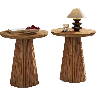 Tribesigns Solid Wood End Table, 19" Round Side Table with Fluted Base, Small Bedside Table for Living Room, Small Space, Brown