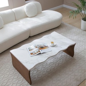 Sapphtopaz Modern Coffee Table with Waves Design Faux Marble Center Table with Wood Veneer Base Accent Coffee Bar Home Decor for Living Room - 1 of 4