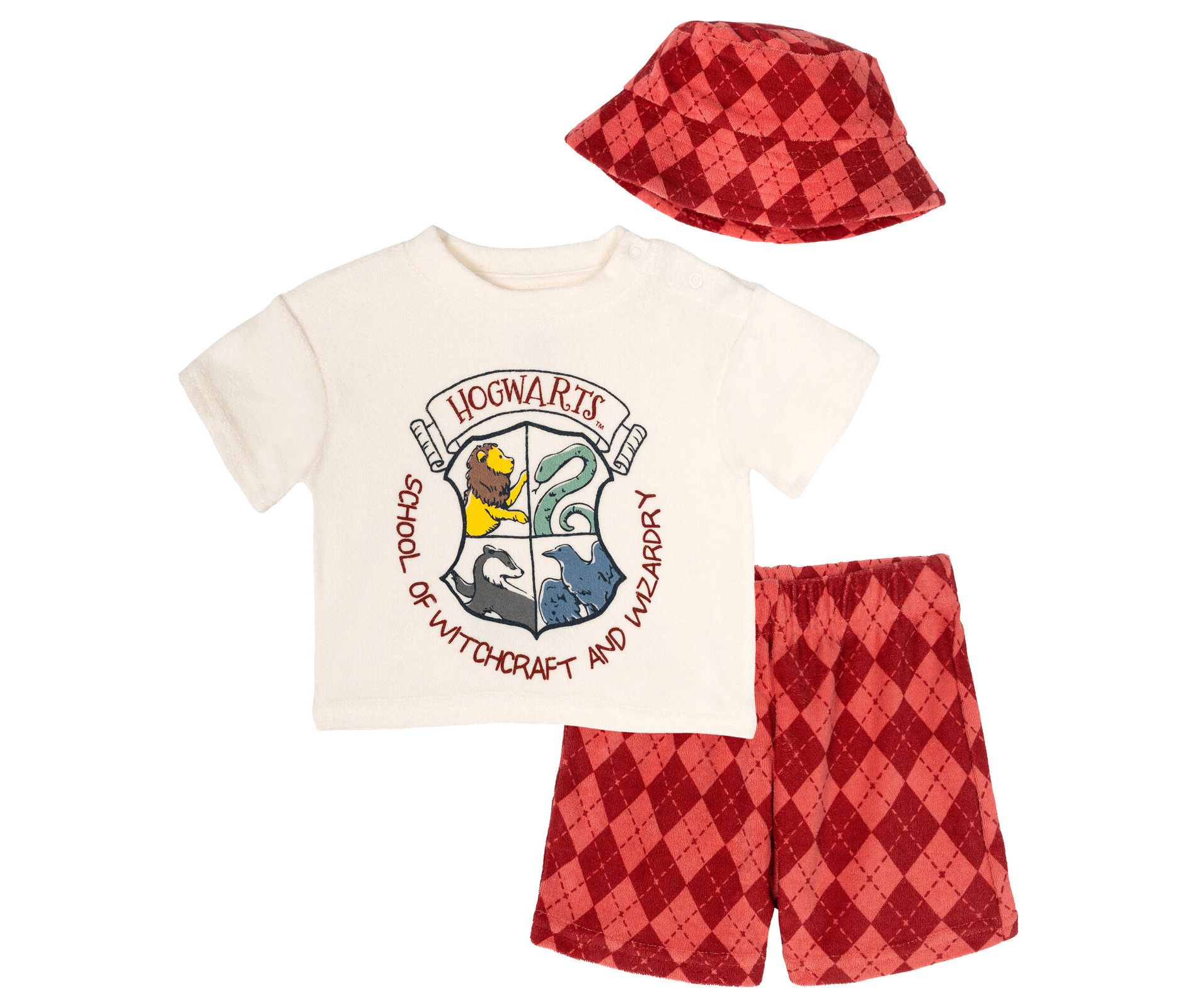 Harry Potter Loop Terry T-Shirt, Shorts and Bucket Sun Hat 3 Piece Outfit Set Newborn to Infant