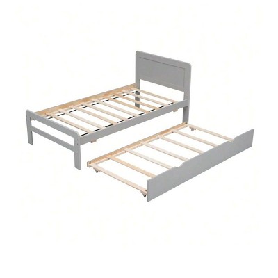 Modern Twin Size Platform Bed Frame With Trundle Wood, Twin Over Full Wood Bunk Bed With Guardrail And Ladder No Box Spring Needed For Guest Room Bed