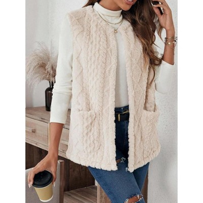 Women's Plush Pocket Vest Sleeveless Top Open Front Cardigan with Side Pockets