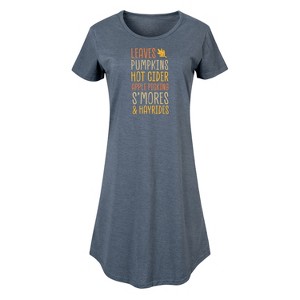 Women's - Instant Message - Fall Bucket List Leaves, Pumpkins, Hot Cider Graphic T-shirt Dress - 1 of 4