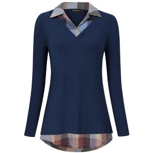 Women's Long Sleeve V-Neck Contrast Collared Shirts Patchwork Work Blouse Tunics Tops Blue Plaid XL - 1 of 4