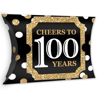 Big Dot of Happiness Adult 100th Birthday - Gold - Favor Gift Boxes - Birthday Party Large Pillow Boxes - Set of 12