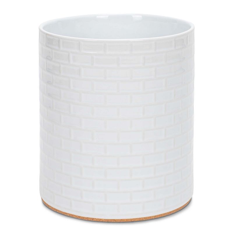 Elanze Designs Embossed Subway Tile Ceramic Stoneware Cork Bottom Kitchen Utensil Holder, White, 1 of 6