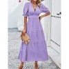 Women's V-Neck Dress Casual Puff Sleeve A-Line Maxi Dress Tie Waist Party Dress - 3 of 4