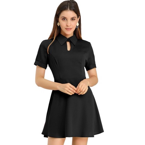 Allegra K Women's Turndown Collared Keyhole Short Sleeve Work Fit and Flare  Mini Dress Black Medium