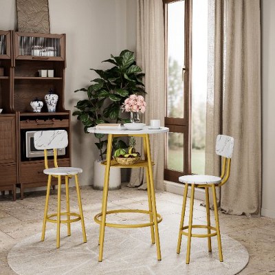 NicBex 3-Piece Counter Height Dining Set, Round Bar Table Set, Small Dining Table with 2 Stools for 2, Kitchen Table Set with Metal Frame