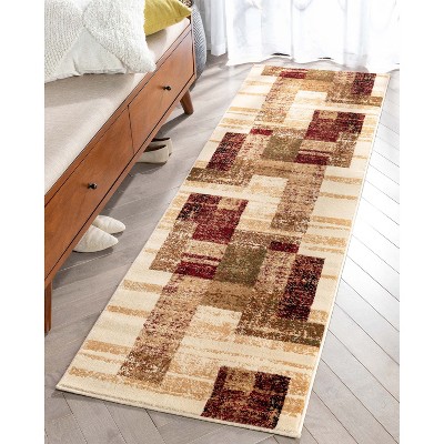 Ivory Red Geometric Synthetic Runner Rug 2'3" x 7'3"