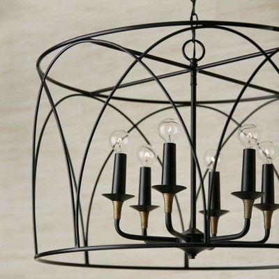 Matte Black and Brass 6-Light Drum Pendant Chandelier