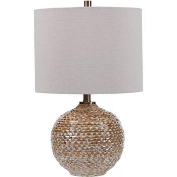 Uttermost Rustic Accent Table Lamp 22" High Rust Brown Glaze Taupe Ceramic Beige Linen Drum Shade Living Room Bedroom House Home