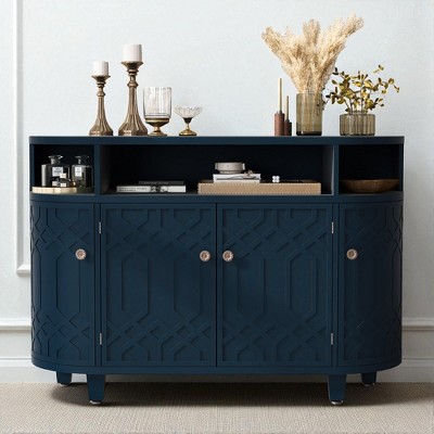 Curved Storage Sideboard Cabinet with Fraxinus Mandschuric Veneer, 4 Doors, Adjustable Shelves, and Fir Wood Legs, Sideboard for Dining Room