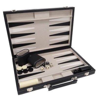 Elegant Black Leatherette Backgammon Set with White Stitching, 15 inches